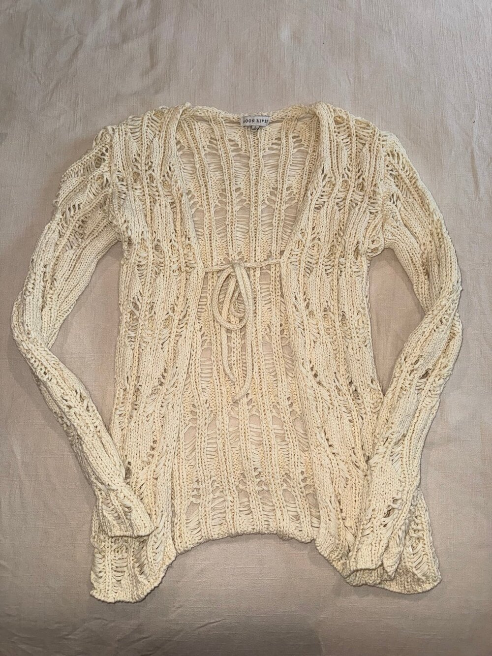 Moon River Anthropologie Cream Open Knit Tie Front Cardigan Sweater Size Large